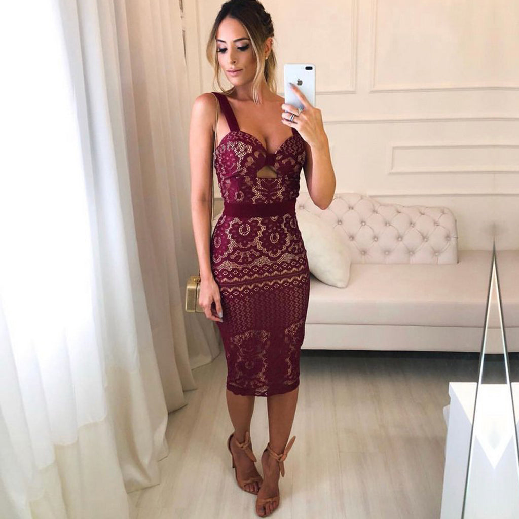 Burgundy Lace Sheath Tight Knee Length ...